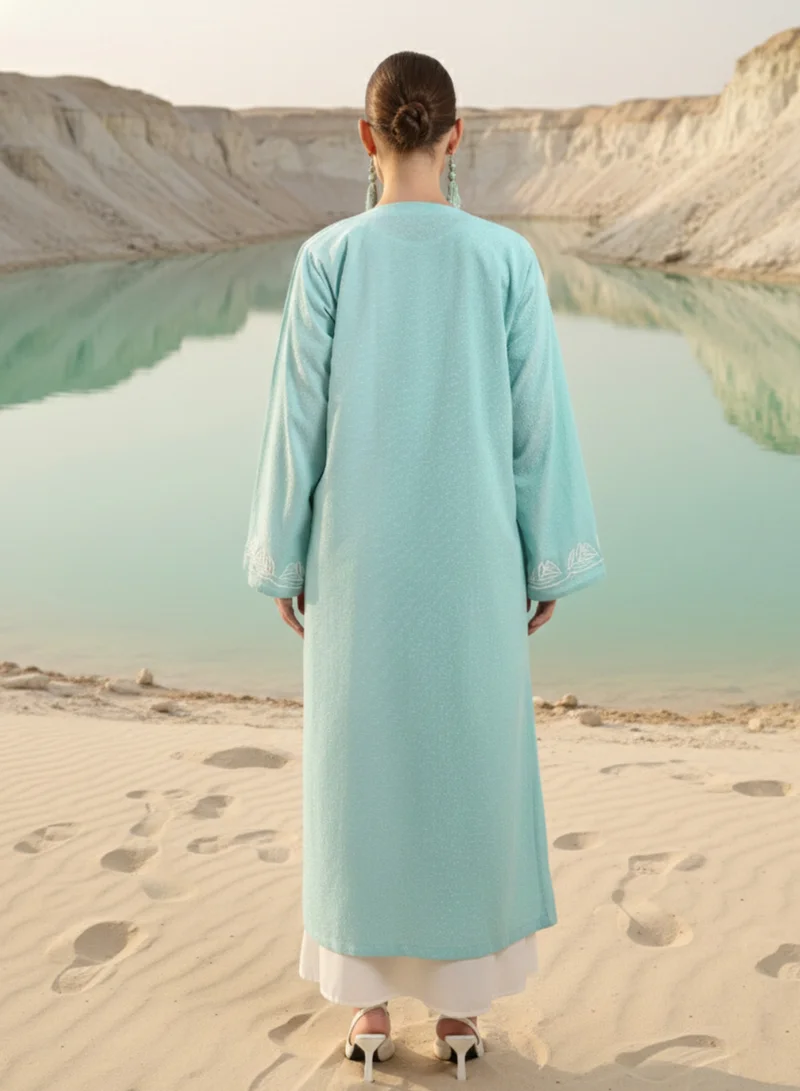 آي شين عباية طويلة مطرزة منسوجة باللون الأخضر مع حجاب